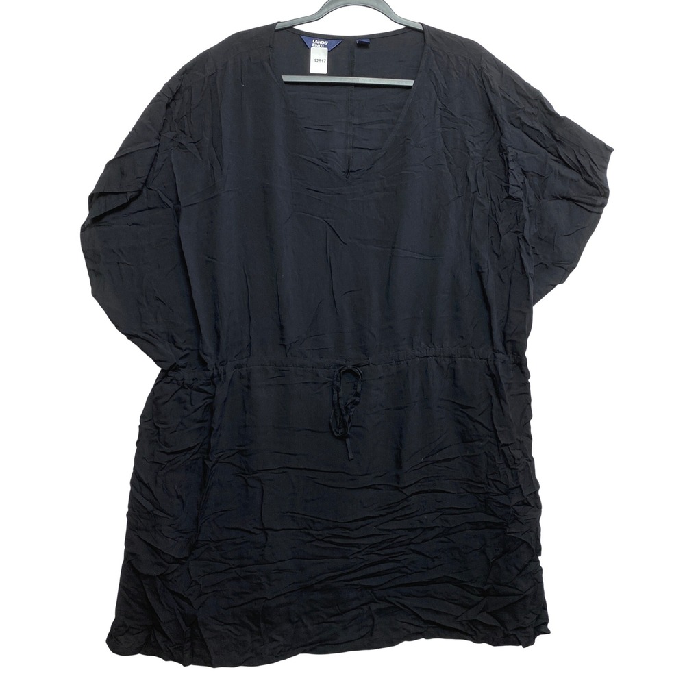 Lands End Swim Cover-up Women XL-XXL Black Drawstring V-Neck Modal Dress